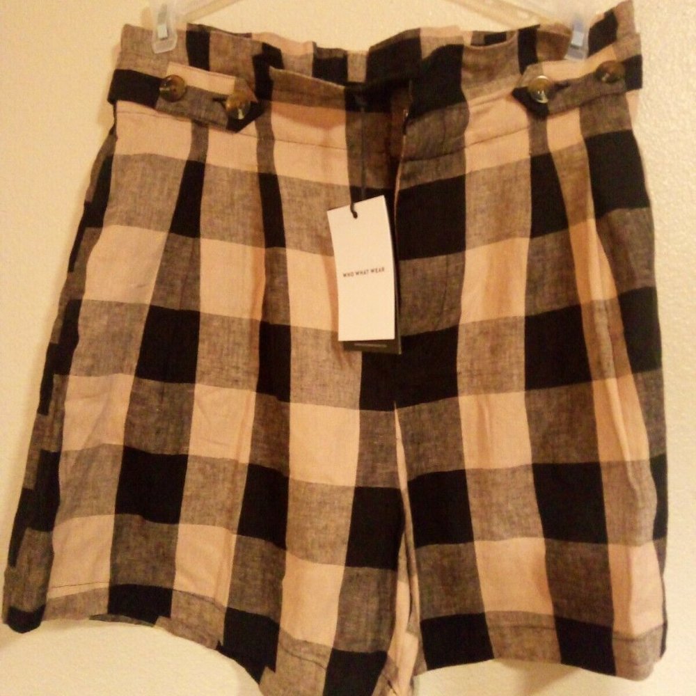 Who What Wear Black/Tan Checkered Paperbag High Waist Shorts Size 12